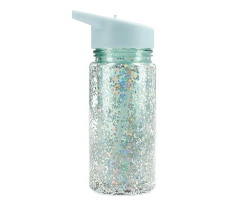 Botella Plástico con Pajita Glitter Stars Turquoise