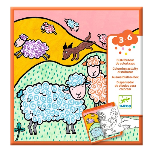 [DJ00050] Dispensador de 10 dibujos para colorear + 10 juegos sorpresa Granja Djeco de 3 a 6 años